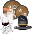 Produktbild: Melamin Camping Geschirr Set 4 Personen Stone Curry + 4 Milano Rotwein Gläser Rot Weingläser Tafelgeschirr Picknick BBQ Kochgeschirr