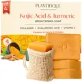 Produktbild: PLANTIFIQUE Turmeric and Kojic Acid Soap - 4 Kurkuma Seifen für Gesicht, Hyperpigmentierung & Dunkle Flecken Seife - Gesichtsseife Mit Kojisäure, Kollagen, Vitamin C - inklusive Netzbeutel, 320 g