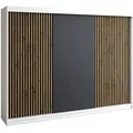 Produktbild: Schwebetürenschrank, 3-türig Schrank mit 4 Schubladen, und 3D-Lamellen. Verschiedene Farben (Weiß, Schwarz, Somona) Kleiderschrank IOSA 200 cm - Weiß/Schwarz