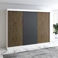Produktbild: A&J MöbelLand Schwebetürenschrank IOSA Kleiderschrank 3-türig mit 4 Schubladen & 3D Lamellen, Garderobe 200 cm (Weiß/Schwarz/Schwarz/Schwarz)