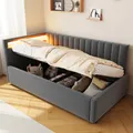 Produktbild: Polsterbett Schlafsofa 90x200, mit LED-Beleuchtung und hydraulischem Stauraum, klassisches vertikales Streifendesign, seitliche Kopfteile mit austauschbaren Positionen, Lattenrost, Samtstoff, Grau