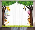 Produktbild: ABAKUHAUS Kindergarten Rustikaler Vorhang, Bäume Freundlich Jungle, Wohnzimmer Universalband Gardinen mit Schlaufen und Haken, 280 x 245 cm, Grün Braun