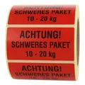 Produktbild: Warnetiketten 100 x 50 mm - Paket Aufkleber Achtung! Schweres Paket 10 kg bis 20 kg - 1.000 Versandaufkleber auf 1 Rolle(n), Papier selbstklebend