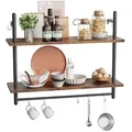Produktbild: Wandregal Industrie-Look mit Haken | 2-stufiges schwebendes Rohrregal 80x64cm | Aus Holz für Küche, Wohnzimmer, Badezimmer | Deko- & Aufbewahrung... - Braun