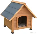 Produktbild: metra-direkt Hundehütte Massivholz Spitzdach - Wetterfest & Atmungsaktiv - 70x60x75 cm, Grüne Dachpappe, Kunststoffschutz für Füße, Winddicht