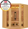 Produktbild: Artsauna Eck-Infrarotkabine Nyborg E150V - Infrarotsauna 150x150 cm Vollspektrumstrahler für 4 Personen - LED-Farblicht - Wärmekabine aus Hemlockholz