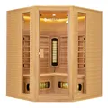 Produktbild: Artsauna Eck-Infrarotkabine Nyborg E150V - Infrarotsauna 150x150 cm Vollspektrumstrahler für 4 Personen - LED-Farblicht - Wärmekabine aus Hemlockholz