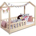 Produktbild: Kinderbett Bett Hausbett 160x200 mit Rausfallschutz Latternost Bettgestell aus Kiefer Holz für Haus Kinder Jungen & Mädchen - Holzbett Baby Kinde... - Naturbelassen