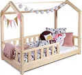 Produktbild: Sanmar Kinderbett Bett Hausbett 160x200 Alex Lattenrost Bettgestell aus Kiefer Holz für Haus Kinder Jungen & Mädchen - Holzbett Baby Kinderzimmer Junge Deko (Rausfallschutz: MIT)