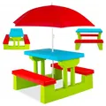 Produktbild: COIL Gartenmöbel, Kindertisch mit Sonnenschirm sitzgruppe Kinder Outdoor - Vielseitige Kindersitzgruppe, Picknicktisch für Kinder ab 3 Jahren - Kindersitzgarnitur Outdoor (Grün)