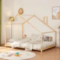 Produktbild: [en.casa] Kinderbett Siuntio Kleindkindbett in Haus-Optik Bodenbett Montessori Bett Hausbett Bettgestell aus Kiefernholz Abenteuerbett 140x200cm Natur