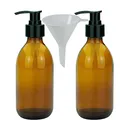 Produktbild: mikken 2er Set Seifenspender Glas Braun 250 ml – Nachfüllbare Lotionspender & Pumpflaschen BPA-frei, für Seife, Desinfektionsmittel, Spülmittel, Shampoo inkl. Trichter – Braunglas Spender