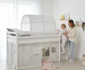 Produktbild: Homestyle4u Hochbett 90x200 Weiß Grau – Massivholz Kinderbett mit Treppe, Absturzsicherung, Vorhang & Tunnel, Kinderbett für Jungen & Mädchen | Artikel 1889