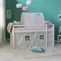 Produktbild: Hochbett 90x200 Kinderbett Holz Weiß Vorhang Tunnel Grau Stockbett Homestyle4u