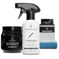 Produktbild: CREVIVE Flüssigleder Schwarz 50 ml, Lederreiniger 250 ml & Reperatur Balsam 300 ml - Leder Reparatur Set Schwarz - Kunstleder Reparaturset - Lederreparaturset für Sofa, Couch, Lenkrad, Autositze.