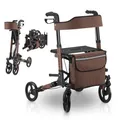 Produktbild: Juskys Rollator Vital braun - Gehhilfe faltbar & leicht aus Aluminium bis 130 kg - Laufhilfe höhenverstellbar mit Sitz, Tasche & Regenschirmhalterung