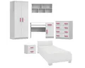 Produktbild: Deine Möbel 24 Jugendzimmer-Set INGE Jugendzimmer Jugendmöbel Kinderzimmer komplett 6-teilig, (Kindermöbel aus Laminatplatte, 6-tlg., Bett, Nachttisch, Schreibtisch, Hängeregal, Kleiderschrank, Kommode), Kinderzimmer Set Weiß Griffe Rosa Blau Grün Grau Weiß Sonoma