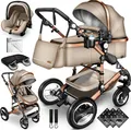 Produktbild: Kiduku Kinderwagen Komplettset, Kombikinderwagen Set inkl. Babywanne Buggy Auto-Babyschale Fußsack, Voll-Gummireifen Wickeltasche Regenschutz Kindertisch (Beige)