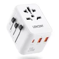 Produktbild: LENCENT Universeller Reiseadapter, Weltreise Reisestecker Internationaler Adapter mit 2 USB & Typ-C PD 20W, Weltweites Ladegerät für Handys, Laptop, USA/UK/EU/AUS Steckdosen, Weiß