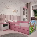 Produktbild: Kinderbett Jugendbett Safari 70x140, 80x160, 80x180 cm - Komplettset mit Matratze, Schublade & Rausfallschutz - Rosa