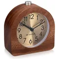 Produktbild: Navaris Analog Holz Wecker mit Snooze - Retro Uhr Halbrund mit Ziffernblatt Gold Alarm Licht - Leise Tischuhr ohne Ticken - Naturholz in Dunkelbraun