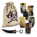 Produktbild: VIKING CRAFT Trinkhorn Set - 6x 80ml Hornbecher + Flaschenöffner - Ideal für Wikinger Met, Deko, Geschenk für Männer und Frauen, Viking Fanartikel Mittelalter