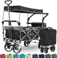 Produktbild: IMLEX Bollerwagen faltbar mit Dach IM-4268 Schwarz | Hohe Stabilität | 1X 3-Punkt Gurtsystem | Handwagen klappbar mit Schiebegriff ideal für 2 Kinder
