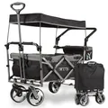 Produktbild: IMLEX Bollerwagen faltbar mit Dach IM-4268 Schwarz | Hohe Stabilität, 1X 3-Punkt Gurtsystem | Handwagen klappbar mit Schiebegriff ideal für 2 Kinder