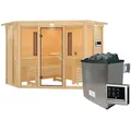 Produktbild: Karibu Multifunktions-Sauna Asta inkl. Infrarotstrahler mit Eckeinstieg 68 mm Inkl. Dachkranz 9 kW Ofen inkl. Steuergerät