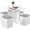 Produktbild: Mondeer 5-teilig Essgruppe Esstisch-Set Esszimmertisch mit Aufbewahrungshockern Weiche Kissen Sitzgruppe - Weiß