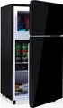 Produktbild: MERAX Table Top Kühlschrank Kühl-/Gefrierkombination BCD-100,Mini-Kühlschrank mit LED und verstellbaren Ablage,Tür mit Glasdekor, 86.5 cm hoch Schwarz
