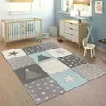 Produktbild: Paco Home - Kinderteppich Teppich Kinderzimmer Pastell Kariert Punkte Mond Sterne Weiß Grau Blau ø 120 cm Rund