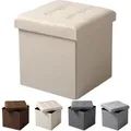 Produktbild: Sitzhocker Mit Stauraum Sitzwürfel Sitzbank Faltbar Truhen Aufbewahrungsbox, Deckel Abnehmbar, Gepolsterte Sitzfläche Aus Leinen, 37,5x37,5x38cm(lxbxh), Cremeweiß - Woltu