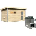 Produktbild: Karibu Saunahaus Skrollan 3 mit Vorraum naturbelassen-9 kW Ofen inkl. Steuergerät-Milchglas-Saunatür (blickdicht)