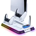 Produktbild: Wigearss PS5/PS5 Slim/PS5 Pro Kühler Standfuß mit Dual Controller Ladegerät, PS5 Controller Ladestation Standfuß mit Lüftert, RGB Licht für PS5/PS5 Slim/PS5 PRO UHD/Digital Edition