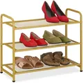 Produktbild: Relaxdays Schuhregal, 6 Paar Schuhe, Hxbxt: 48x60x25 Cm, Metall Schuhablage, Schmal, 3 Ablagen, Flur Schuhgestell, Gold