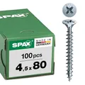 Produktbild: SPAX Universalschraube, 4,5 x 80 mm, 100 Stück, Kreuzschlitz Z2, Senkkopf, Vollgewinde, 4CUT, WIROX A3J, 1081010450803
