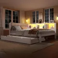 Produktbild: Daybett, Tagesbett, Schlafsofa, 140x200cm, Einzelbett(Ohne Matratze), mit ausziehbarem Bett, mit dimmbarer LED-Leiste, mit praktischem Regal, mit USB-Anschluss, 140x200cm, Kiefernholz, Weiß