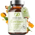 Produktbild: Nature Heart Curcumin Longa + 60 Kapseln – Hochdosierter Curcumin-Extrakt mit Piperin - Schwarzer Pfeffer – Vegan, ohne Zusatzstoffe – Kurkuma Extrakt