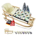 Produktbild: BAMBINIWELT KOMBI-ANGEBOT Holz-Schlitten mit Rückenlehne & Zugseil + universaler Winterfußsack (108cm), auch geeignet für Babyschale, Kinderwagen, Buggy, aus Wolle im Eulendesign (Eule $4)