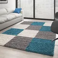 Produktbild: Carpettex Hochflor Teppich Wohnzimmer Shaggy Flokati Teppich Modern Kariert Design Kleiner 60 x 110 cm Flur Teppich Läufer Türkis - Teppich Schlafzimmer Weich Flauschig Waschbar Küchenläufer
