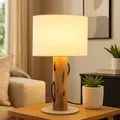 Produktbild: Tischlampe Tischleuchte Holzleuchte Nachttischleuchte braun Stoff weiß H 32 cm
