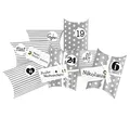 Produktbild: Frau WUNDERVoll® DIY Adventskalender zum Befüllen Christkind, Kissenschachteln 15x11x4,5cm grau Sterne und Streifen, Ziffern schwarz-weiß/Weihnachten, Papiertüten, Kinder, Zahlen, Geschenk, Aufkleber