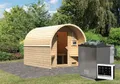 Produktbild: Karibu Saunahaus Außensauna Saunafass Fasshaus 2 unbehandelt Ofen 9 kW externe Strg easy 38mm Massivholz 225x277x230 cm