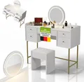 Produktbild: Juskys Schminktisch Samira inkl. Hocker Melly mit Touch-LED-Spiegel & 5 Schubladen – Weiß/Gold