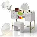 Produktbild: Schminktisch Samira & Hocker Melly Mit Touch-led-spiegel, 5 Schubladen, Modern & Kompakt, Viel Stauraum Für Make-up & Zubehör – Weiß/gold - Juskys