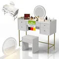 Produktbild: Juskys Schminktisch Samira mit Hocker Melly & Touch-LED-Spiegel, 5 Schubladen, viel Stauraum, modernes Design, kompakt & pflegeleicht für Make-up – Weiß/Gold