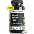Produktbild: natural elements Vitamin B12 – 180 vegane Tabletten für 6 Monate – 500µg Vit B12 und 200µg Folsäure pro Tagesdosis – hochdosiert, ohne unnötige Zusätze – in Deutschland produziert & laborgeprüft