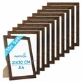 Produktbild: PHOTOLINI Bilderrahmen A4 Set Eiche Dunkel Holz MDF, 10er Set breite DIN A4 Bilderrahmen 21x30, bruchsicheres Acrylglas, picture frame zum Aufhängen & Aufstellen, Bilder Rahmen 30x21 mit Zubehör
