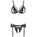 Produktbild: Cottelli Collection Set: Bügelloser BH 3-tlg Strumpfband-Set mit offenem Cup und Intimbereich Spitze schwarz (3-tlg) mit offenem Schritt und Cups schwarz XL
